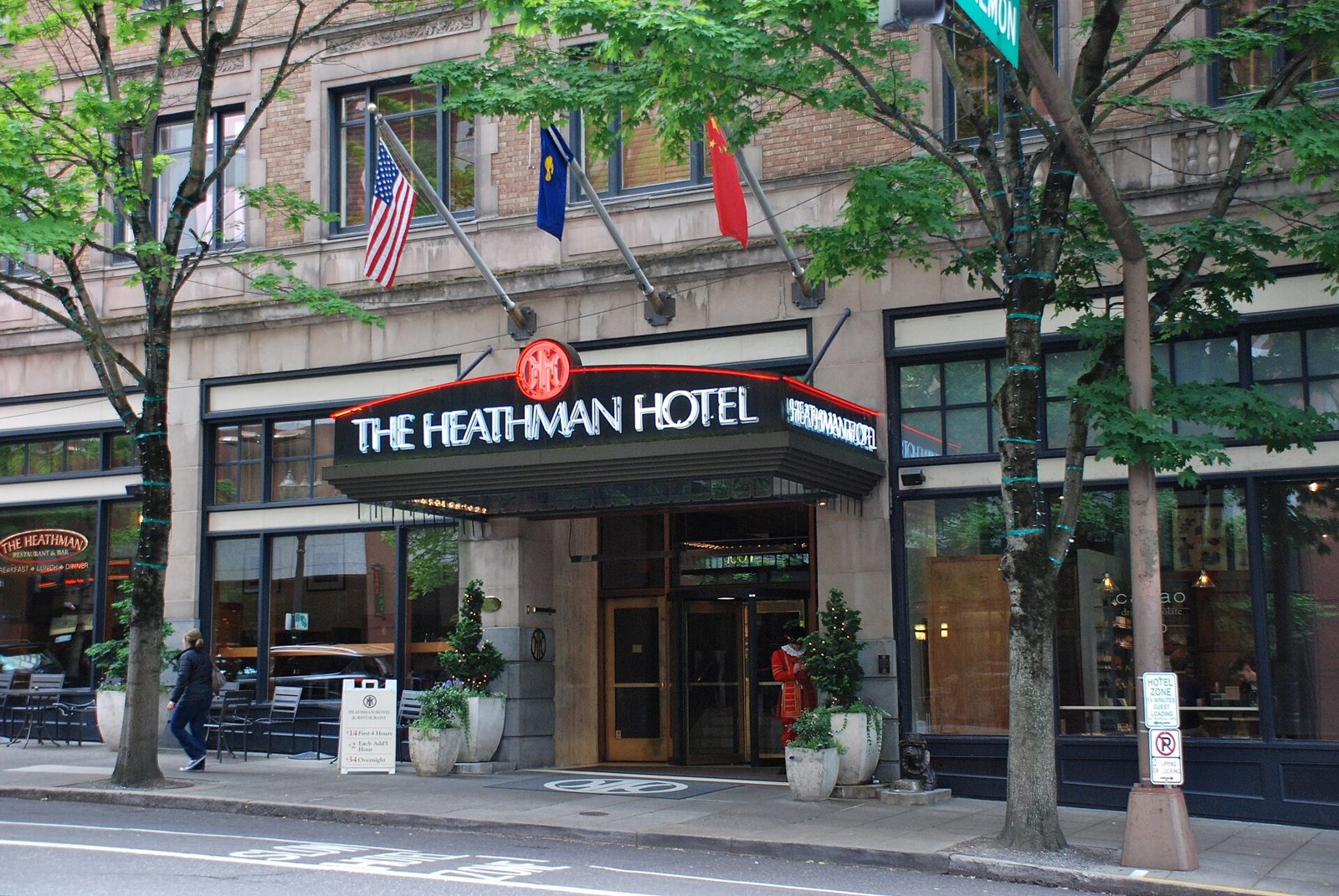 Entrance of the Heathman Hotel in downtown Portland