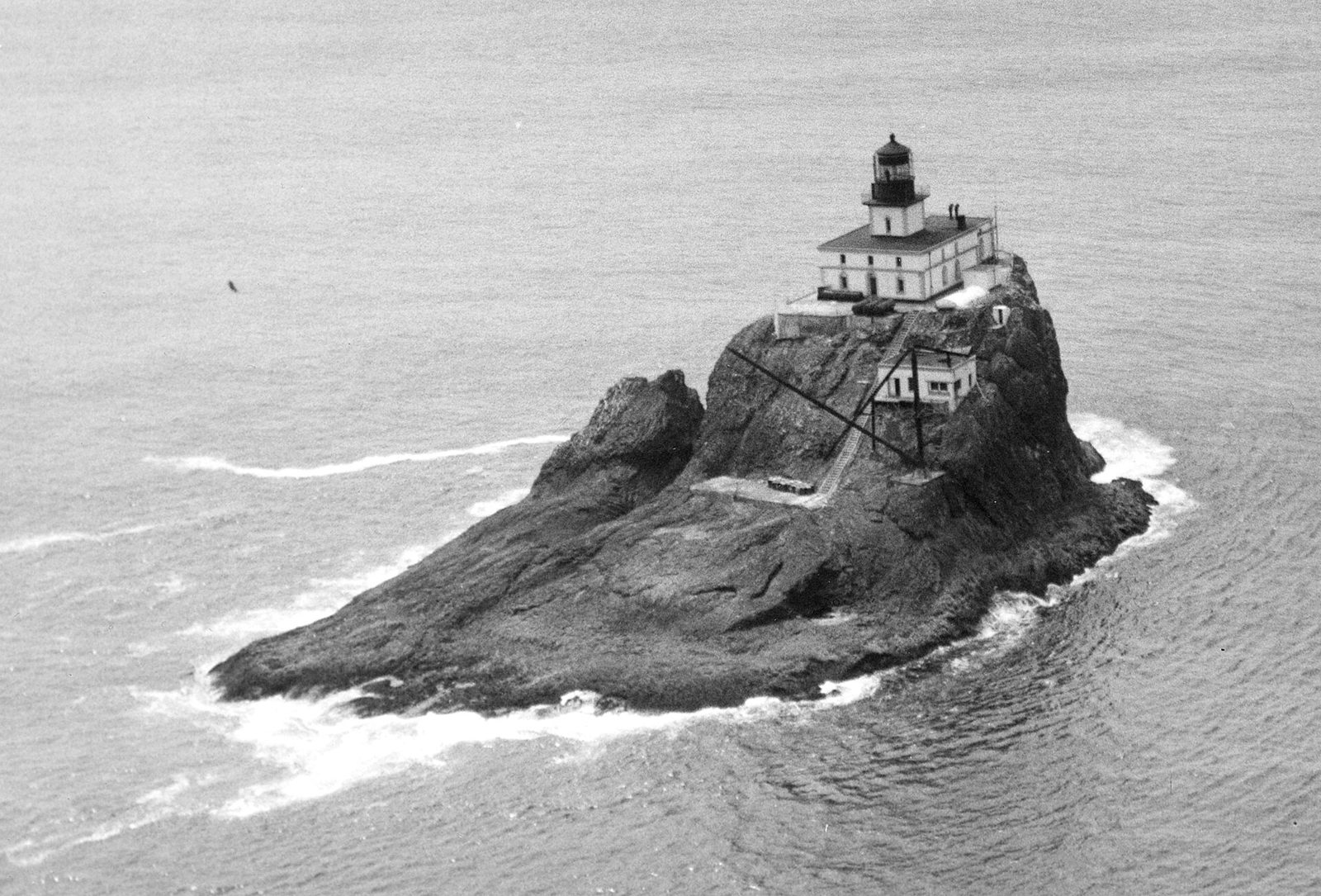 Tillamook Rock Lighthouse on its offshore rock, 1947
